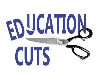 Budget cuts, Education, with scissors, isolated on white
